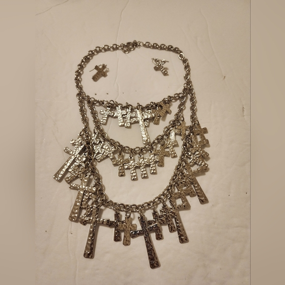 Treska Silver Cross Multi-Layer Statement Matching Necklace and Earrings - Picture 4 of 4